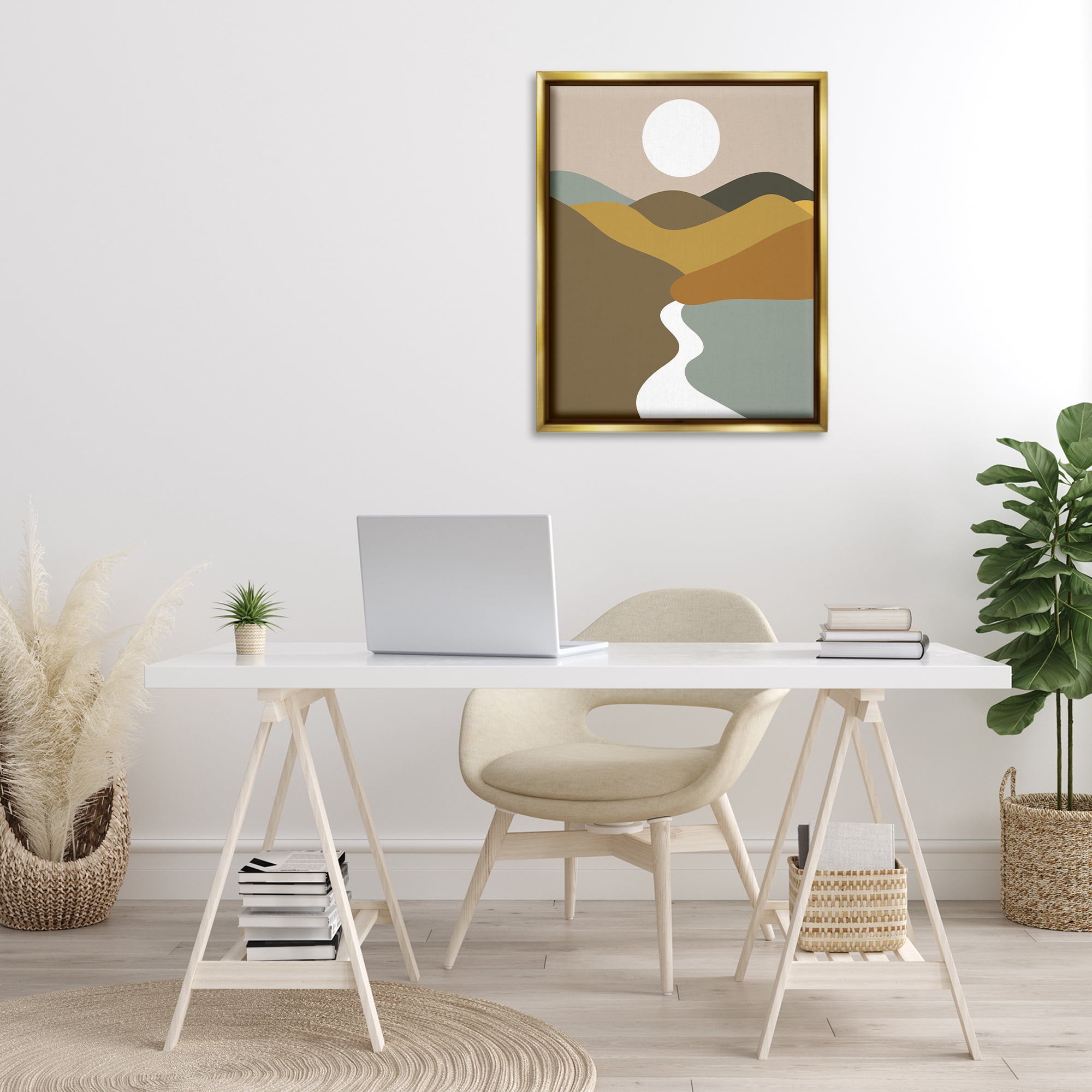 Stupell Industries River Towards Mountains Landscape Painting Gold Floater Framed Art Print Wall Art, 25 x 31