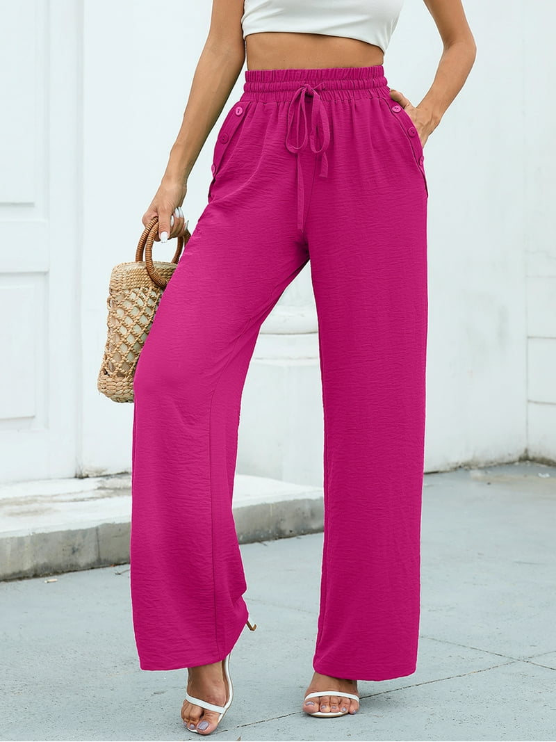 SHOWMALL Women's Wide Leg Pants Drawstring Waist Pants Magenta 2XL
