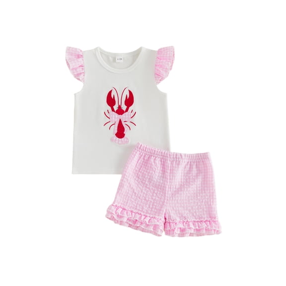 BemeyourBBs Toddler Baby Girls Summer Clothes Infant Baby Girl Crayfish Outfits Cute Lobster Bow Embroidery Flying Sleeve Round Neck T Shirt Tops and Ruffle Plaid Shorts Set