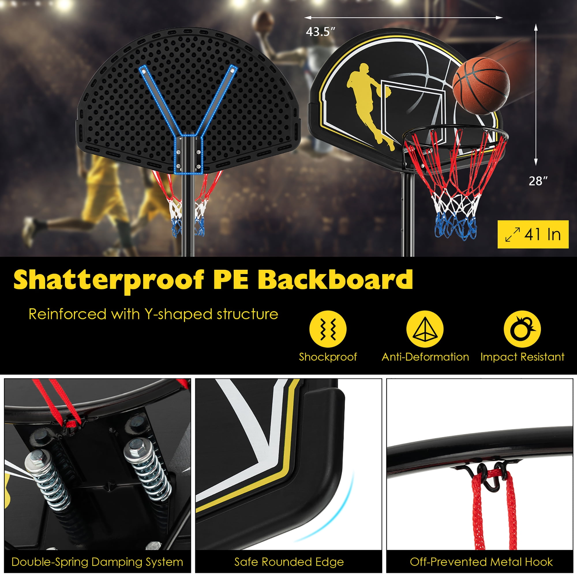 Costway 4.25'-10' Adjustable Height 41" Shatterproof Outdoor Portable Basketball System (Adult)