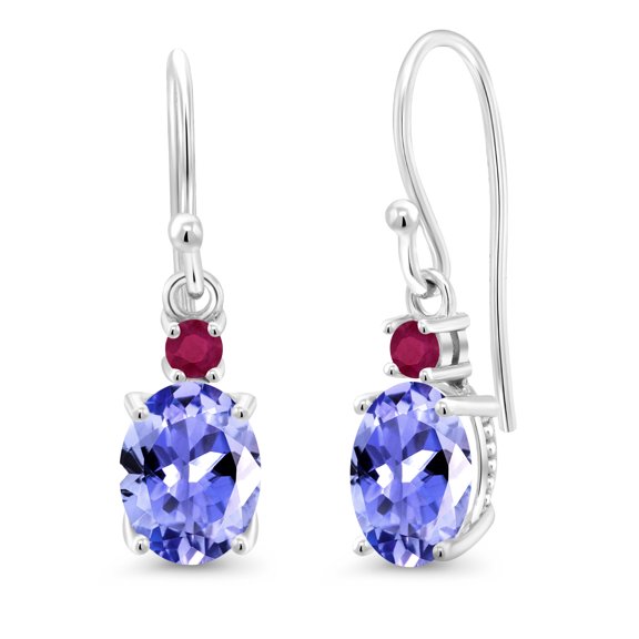 Gem Stone King 10K White Gold Blue Tanzanite and Red Ruby Dangle Earrings for Women (2.56 Cttw, Gemstone Birthstone, Oval 8x6mm)