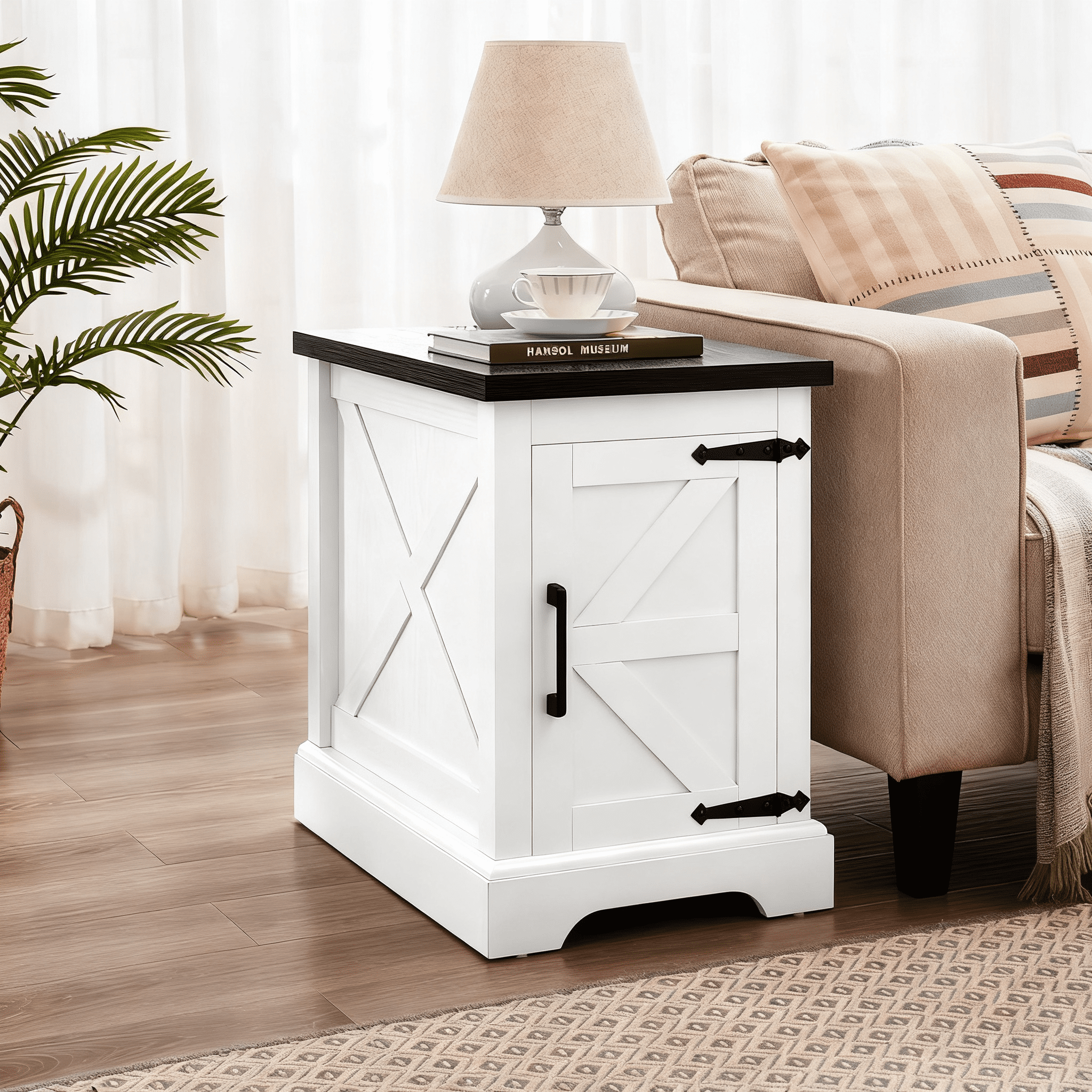Farmhouse end table Nightstand Rectangular Farmhouse End Table with Barn Door and Adjustable Storage Shelf, Rustic Sofa Side Table for Living Room, Bedroom, White