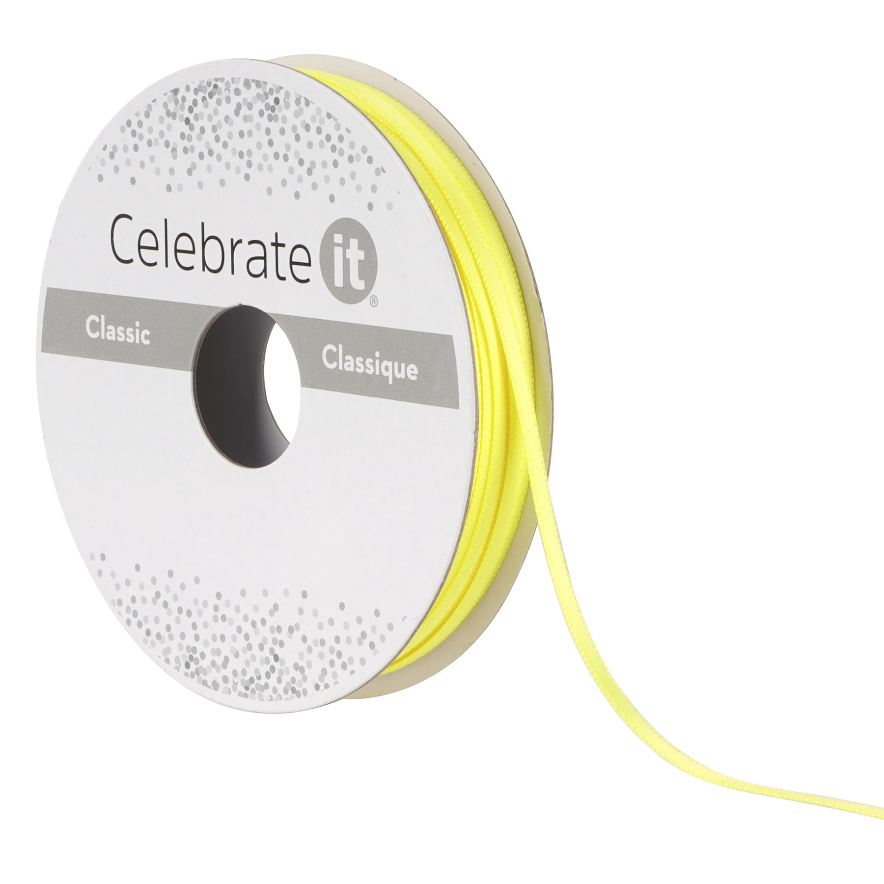Celebrate It 1/8" x 10yd. Bright Yellow Satin Ribbon - Non-Wired with Woven Edge, Polyester - Ideal for Gift Wrapping, Baskets & DIY Crafts, 24 Pack