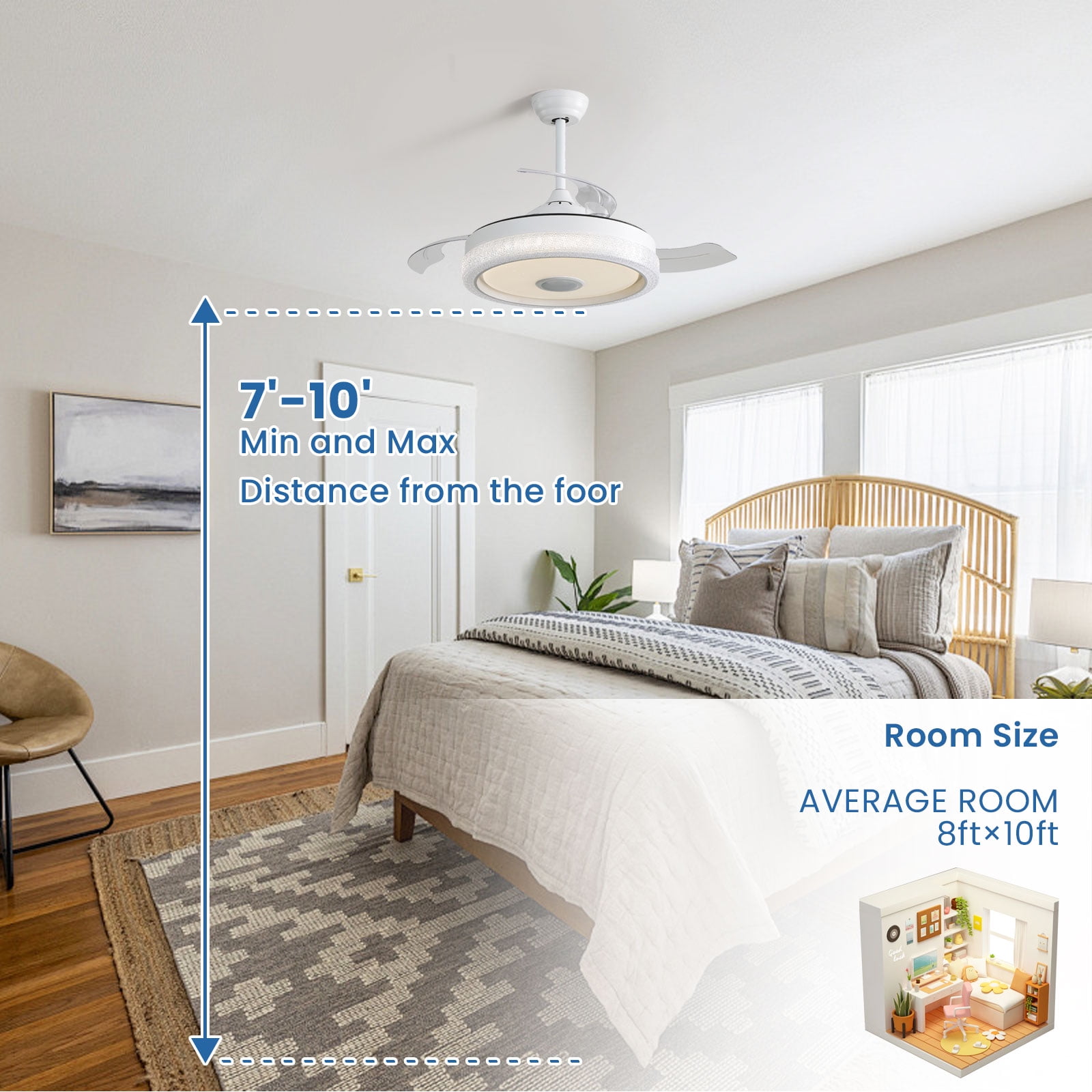 "Sofucor 42"" Retractable Ceiling Fan with Dimmable Lights, Bluetooth Speaker, Remote Control for Bedroom, Kitchen"