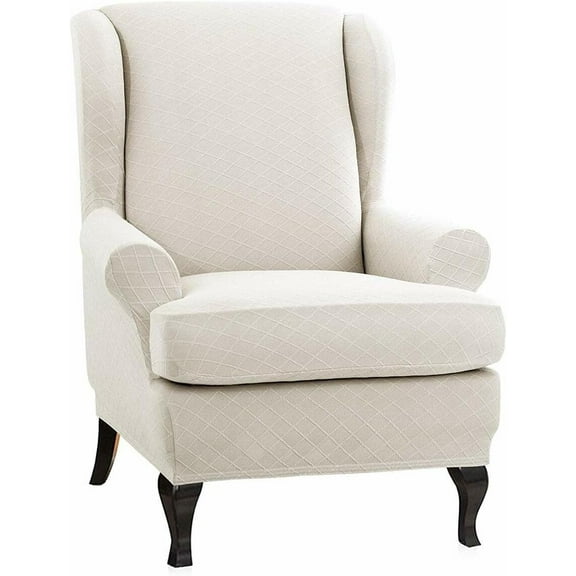 ENOVA FLORAL Wing Chair Slipcovers Couch Covers, Soft Rhombus Jacquard Polyester Spandex Fabric Wingback Slipcover 2 Pieces Chair Covers Furniture Protector for Living Room (Beige)