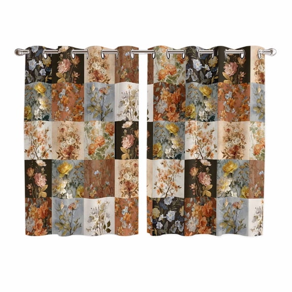 Floral Patchwork Kitchen Curtains Window Panels, Vintage Country Geometric Flower Insulated Window Treatment Curtain, Grommet Curtains for Bedroom/Living Room/Bathroom, 2 Piece 52"Wx63"L