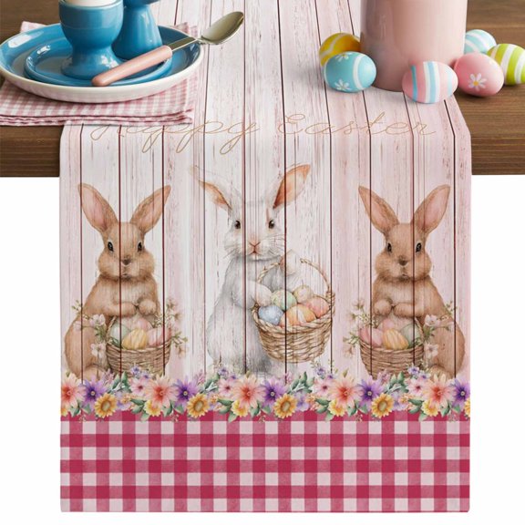 Easter Rabbit Table Runner, Watercolor Basket Eggs Floral Wood Grain Pink Plaid Cotton Linen Kitchen Table Decoration Washable Dining Tabletop Runners for Home Party Decor 13x48 Inches