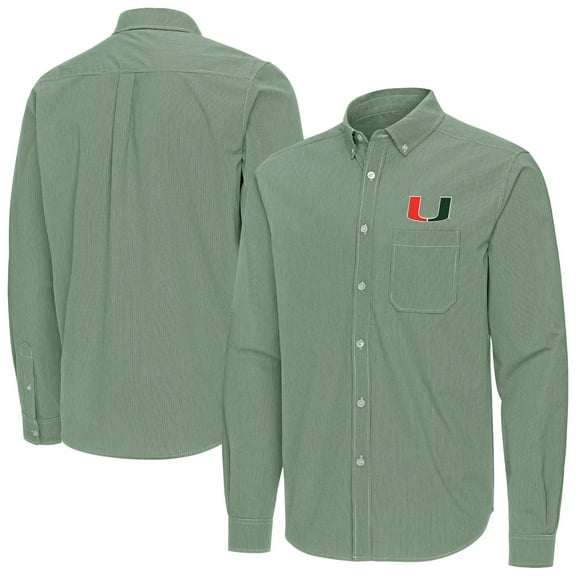 Men's Antigua Green Miami Hurricanes Porter Woven Tri-Blend Long Sleeve Button-Down Shirt