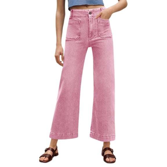 High Waist Women Casual Wide Leg Denim Pants Cropped Baggy Ankle Jeans with Pocket