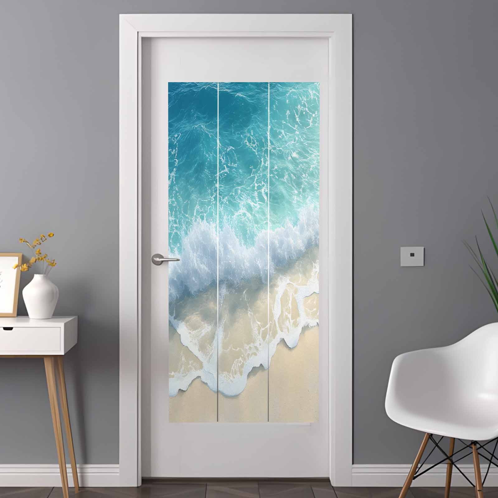 Blue Ocean Beach Waves Window Privacy Film Modern Art Decoration Decorative Glass Window Film UV Blocking Static Cling Non-Adhesive Sticker Covering for Home Door 35.4x78.7 inches