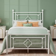 Einfach Twin Size Heavy Metal Bed with Vintage Headboard Pattern, White