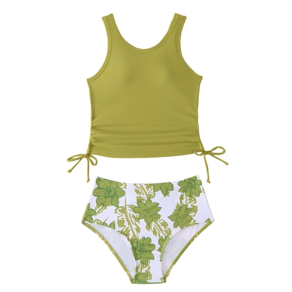 Kucnuzki 11 Years Big Girls Swimsuit Set 12 Years Tween Girl Summer Bikini Set Bathing Suit Drawstring Top with Chest Pad Floral Bottoms 2pcs Beach Swimwear Green