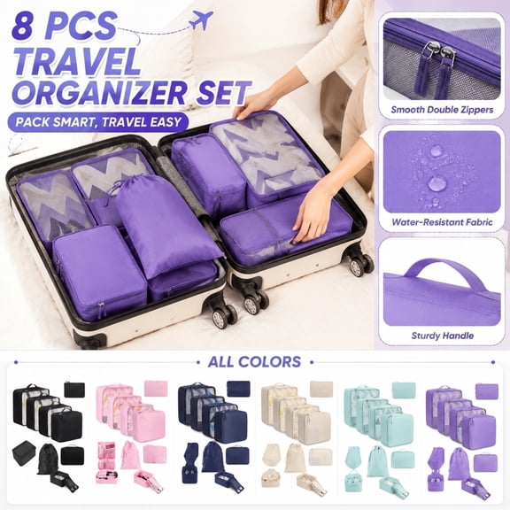 8-Piece Travel Packing Cubes Set, Lightweight Luggage Organizer Bags for Suitcase, Compression Storage Pouches for Clothes, Ideal for Vacation and Holiday Gifts, 1Pack A