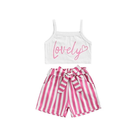 

ZIYIXIN Toddler Baby Girls Casual Suit Letter Printed Sleeveless Sling Tops + Stripe Short Pants with Belt Summer Clothes White 2-3 Years