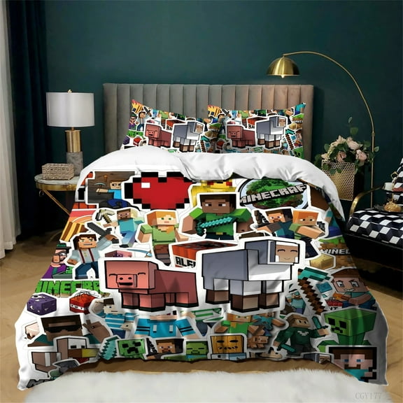 Game Minecraft Bedding Set 3 Pieces Soft and Breathable Duvet Cover Set for Teen All Season Light-Weight Comforter Cover