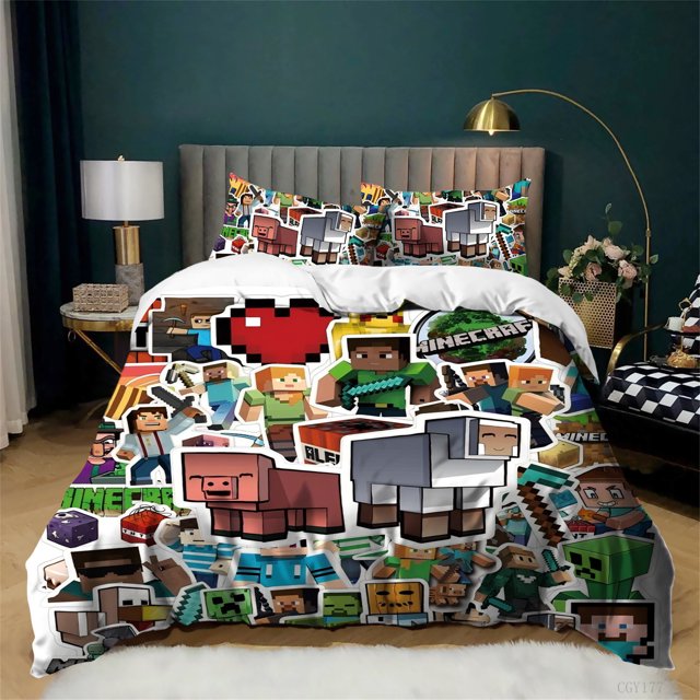 Game Minecraft Bedding Set 3 Pieces Soft and Breathable Duvet Cover Set for Teen All Season Light-Weight Comforter Cover