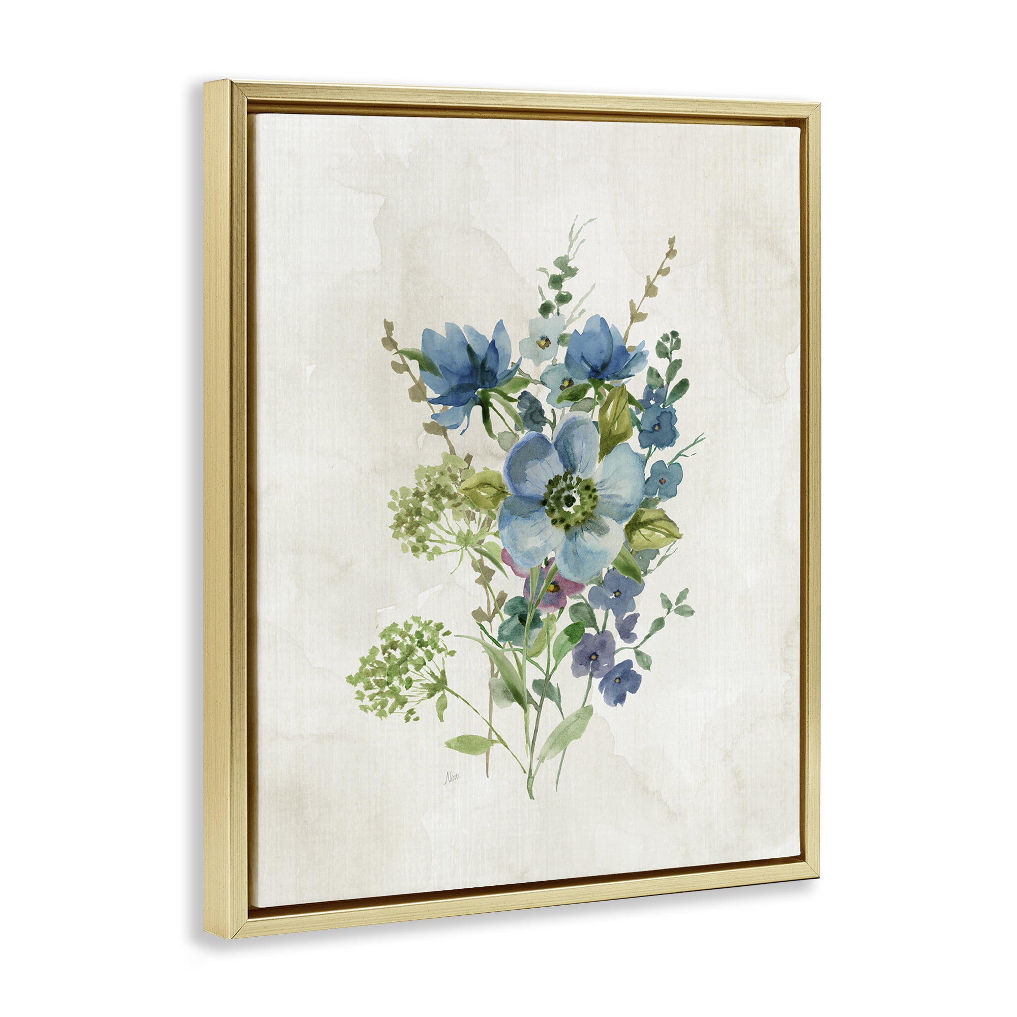 Stupell Industries Blue Wildflower Cluster Plants & Flowers Painting Gold Floater Framed Canvas Art Print Wall Art, 25 x 31