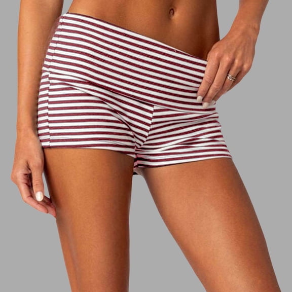 Trendfront Womens Low Rise Striped Foldover Waist Short Shorts Slim Fit Casual Basic Shorts Everyday Wear Lounge Bottoms