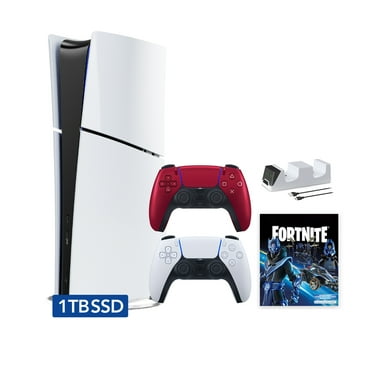 PlayStation 5 Slim Digital 1TB SSD Fortnite Cobalt Star Console with Two Controllers, White and Volcanic Red DualSense and Dual Controller Charger - PS5 Slim Digital Console