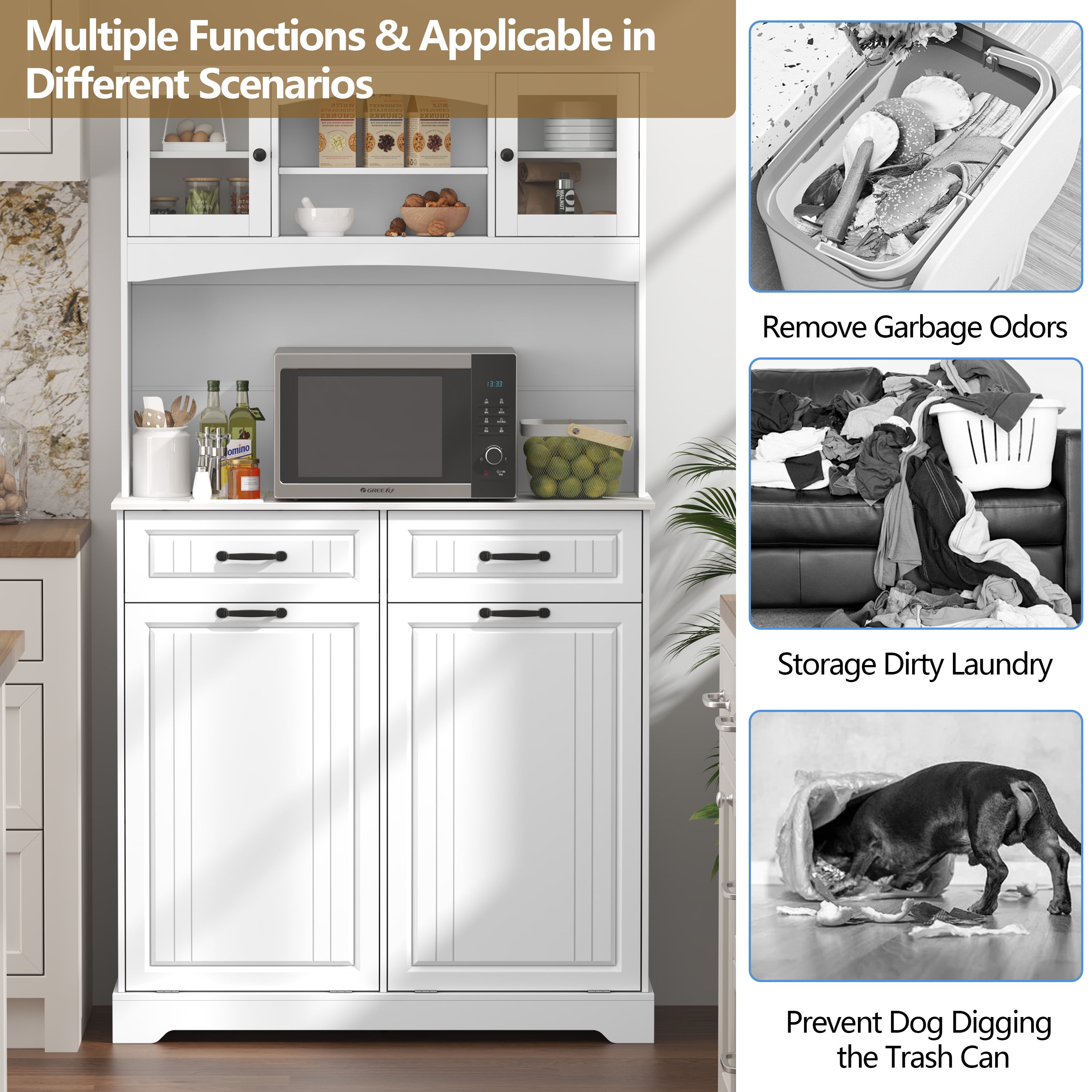 Double 13 Gallon Tilt Out Trash Can Cabinet with Deodorizing Function and Power Outlet, 71" Tall Wooden Garbage Can Holder Cabinet with 2 Storage Hutch & 2 Drawers for Kitchen and Dining Room, White