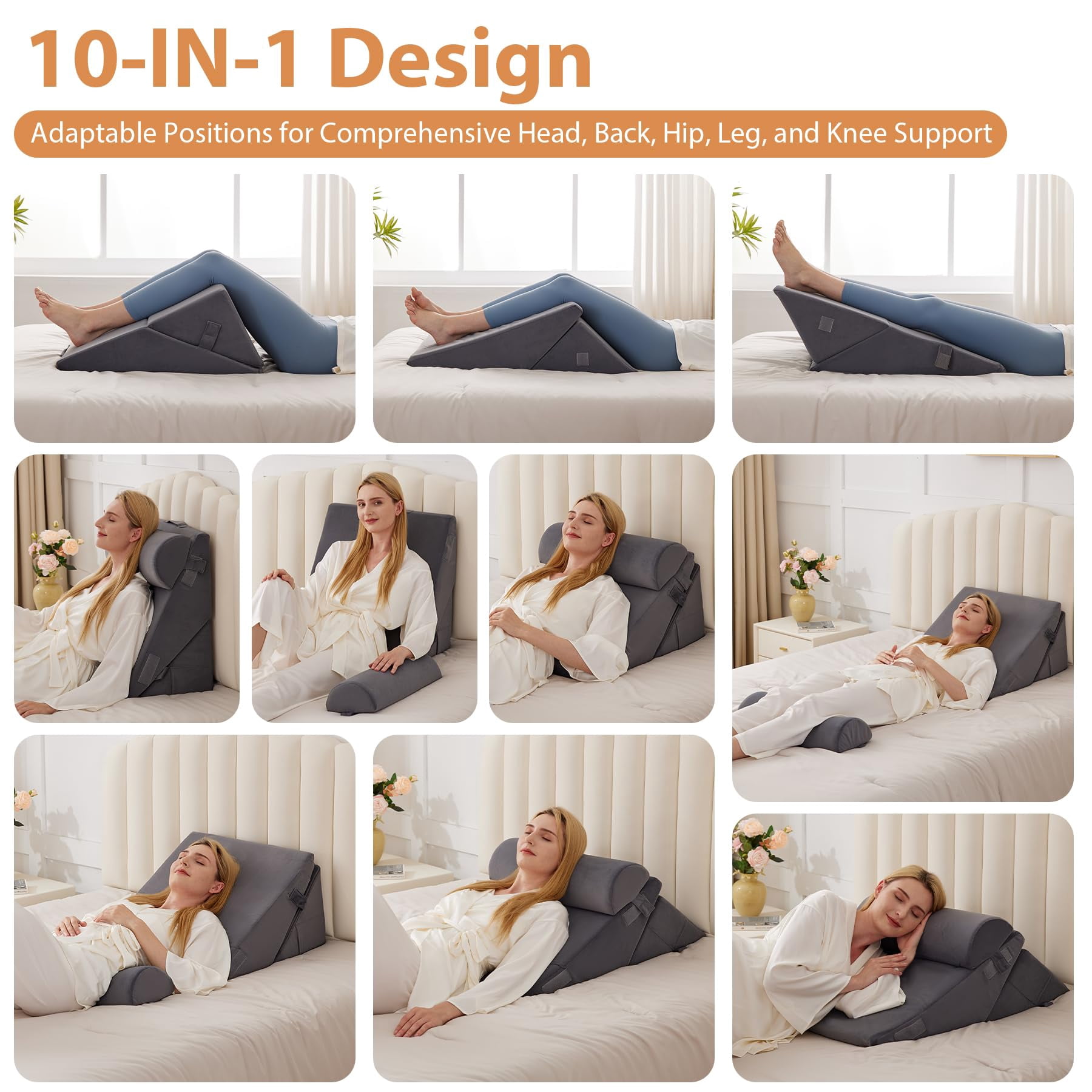 3pcs Wedge Pillow For Acid Reflux  Adjustable Headboard Bed Wedges Sleeping Support Pillows Sitting Up Plush Grey