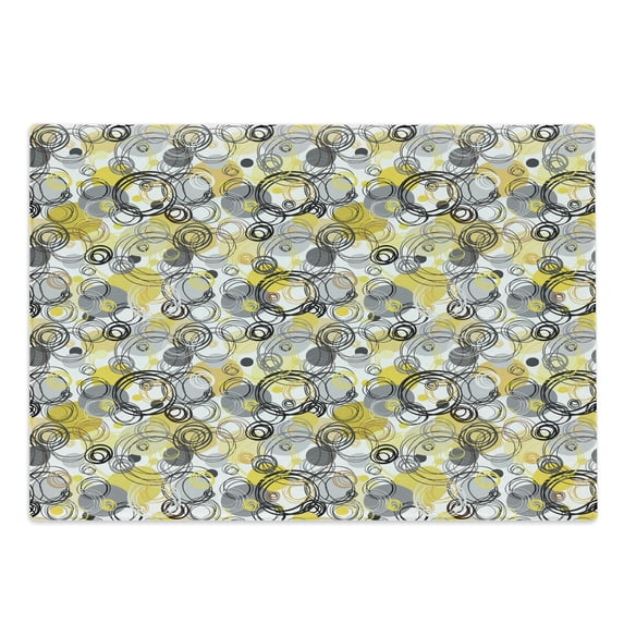 Grey and Yellow Cutting Board, Hand Drawn Sketchy Geometrical Retro Modern Circles Image Illustration, Decorative Tempered Glass Cutting and Serving Board, Large Size, White Beige, by Ambesonne