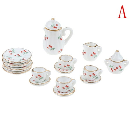 

JETTINGBUY 1:12 Miniature 15pcs Porcelain Tea Cup Set Chintz Flower Tableware Kitchen