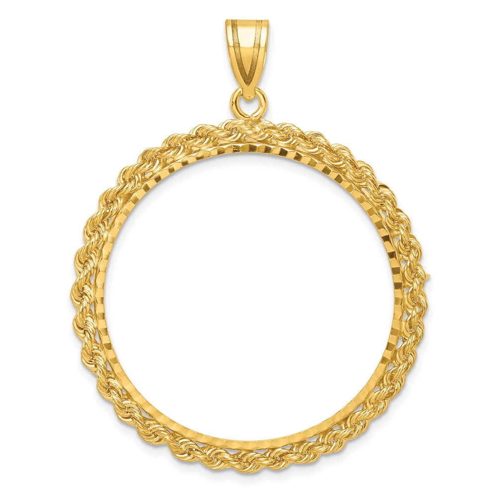 Wideband Distinguished Coin Jewelry 14k Diamond-cut with Rope 32.0mm Prong Coin Bezel Pendant