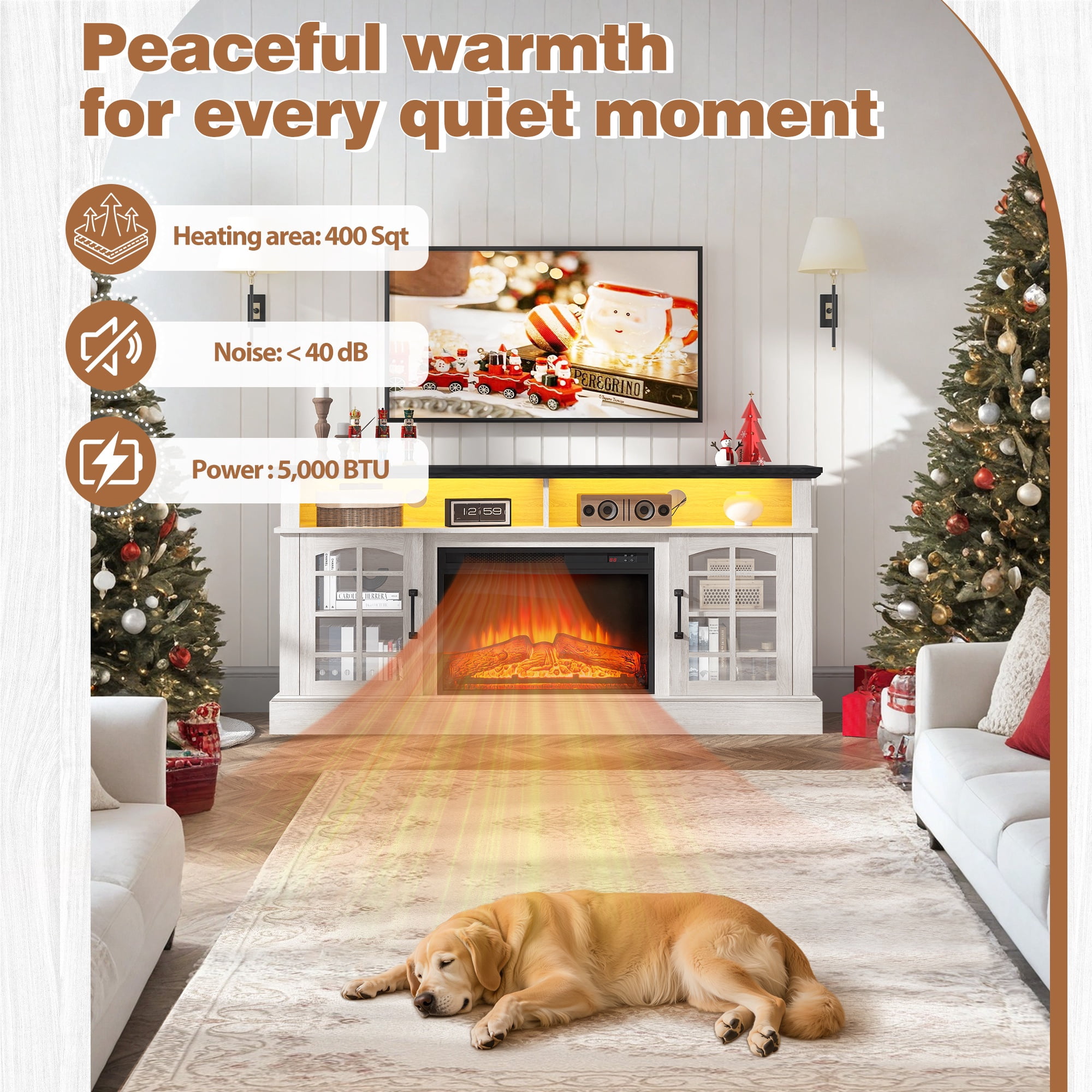 Paproos Fireplace TV Stand for 65 inch TV with LED Lights, 32.0in Tall TV Stand with 23'' Electric Fireplace, Entertainment Center for Living Room, 400 Sqt Heating Area, Black Tabletop&White Cabinet