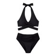 thumbnail image 3 of Womens Tummy Control Bathing Suits Modest Bikini Sets Twist Front Two Piece High Waisted Halter Bikini Sets (Black XL), 3 of 3