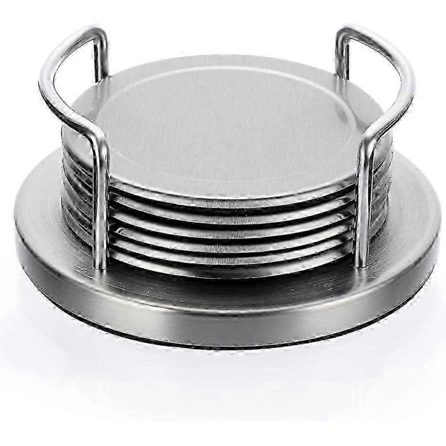 Set of 6 Stainless Steel Round Coasters with Holder & Sponge Bottom, Silver Metal Cup Coasters Set Stunning Cool Coaster Cups