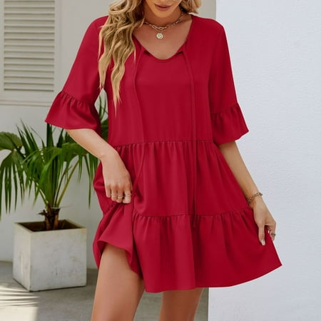 Gmdeguo Women s Summer Short Bell Flare Sleeve Round Neck Solid Color Loose Fit Lace Up Keyhole Flowy Mini Babydoll Dress