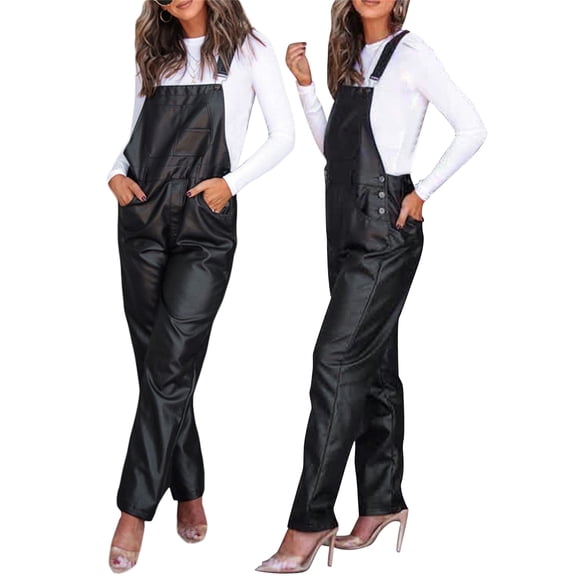 Women PU Leather Bib Overalls Adjustable Strap Sleeveless Cargo Straight Leg One Piece Jumpsuit Romper with Pockets