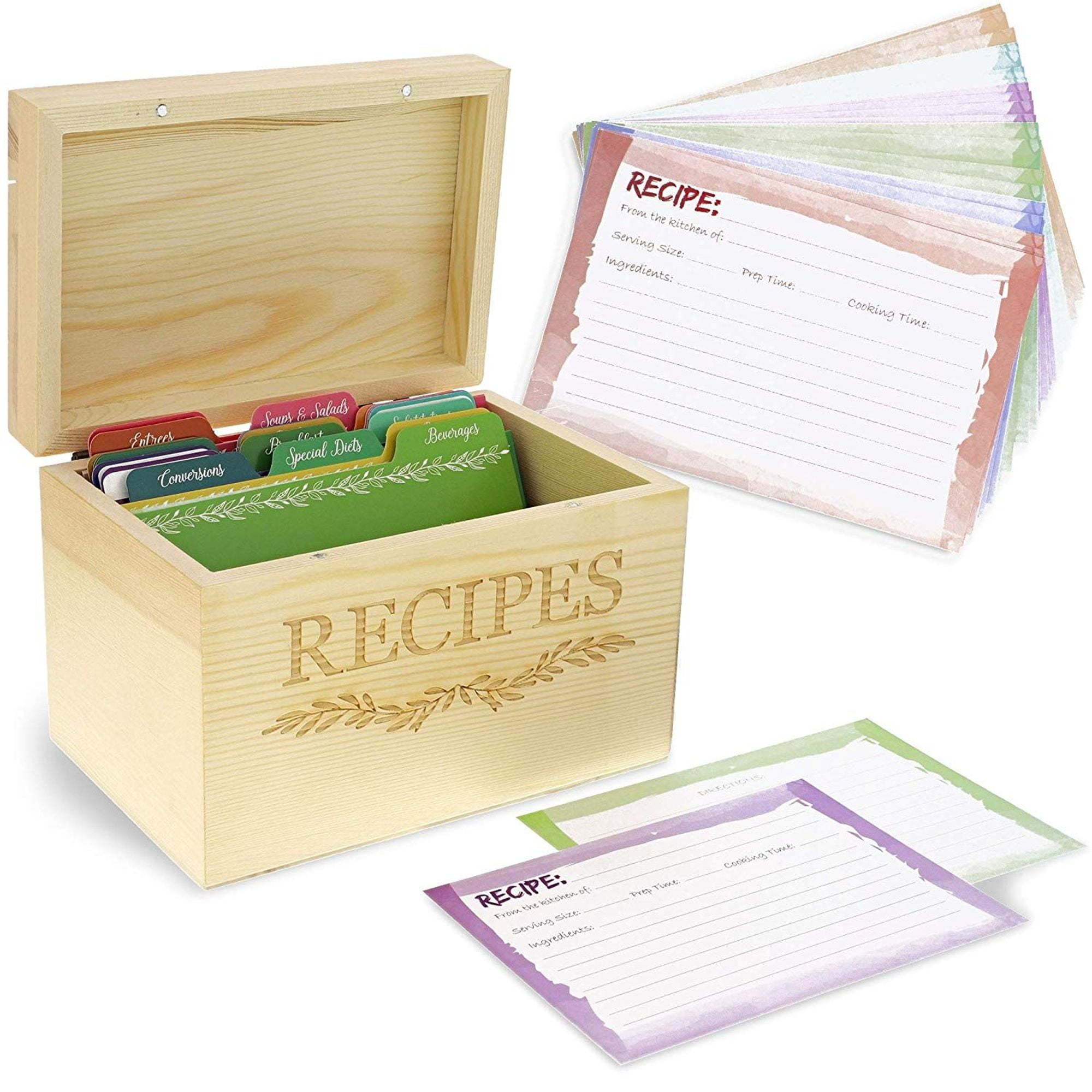 Wood Recipe Organization Box With Cards And Dividers