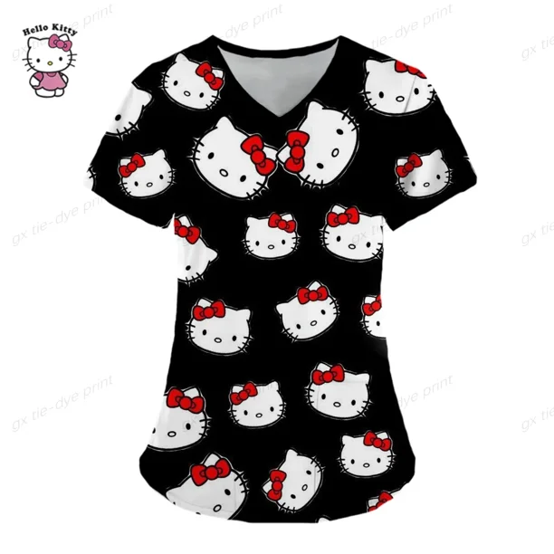 Camiseta con cuello en V para trabajadores del cuidado de Hello Kitty, ropa de trabajo de clínica, Tops de manga corta, uniforme de enfermera estampado