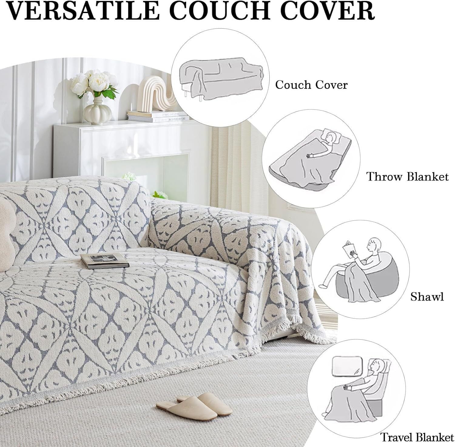 TOPCHANCES Chenille Couch Cover Sofa Slipcovers Towel Cover Couch Furniture Pet Protector Throws Blanket  (180*260cm, Grey)