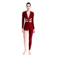 thumbnail image 1 of Zaldita Womens Sheer Mesh Patchwork Long Sleeve Bodysuit Rhinestones Dance Gymnastics Leotards Burgundy L, 1 of 6