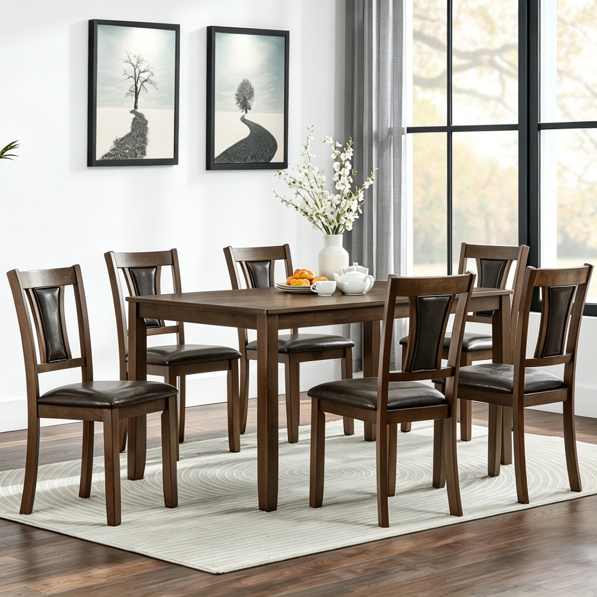 BSHTI 58.5" Walnut Wood 7-Piece Dining Table Set with 6 Upholstered Chairs, Stable Structure, Comfortable Seating for Dining Room(Walnut)