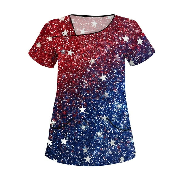 4Th Of July Crop Tops For Women, Scrub Tops Plus Size Skew Collar Short Sleeve Workwear With Double Layer Pockets Red White And Royal Blue American Flag Top Shirts Scrubs (XXL, Blue) ZMTing