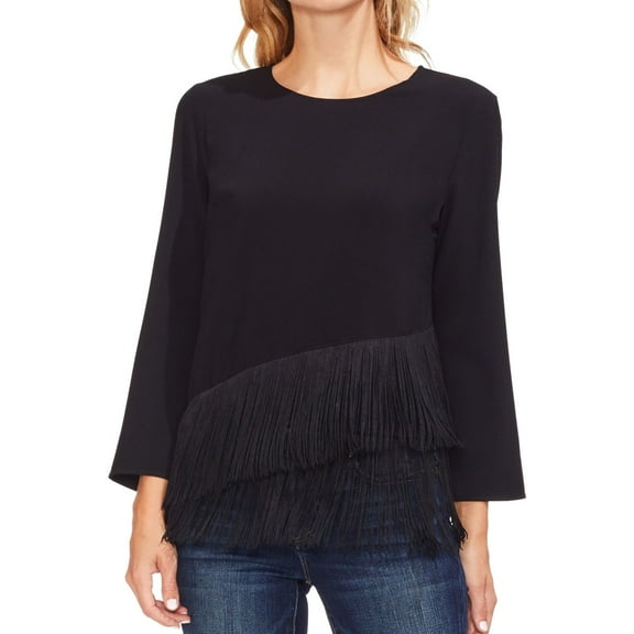 Vince Camuto Womens Tiered Fringe Pullover Blouse, Black, Small