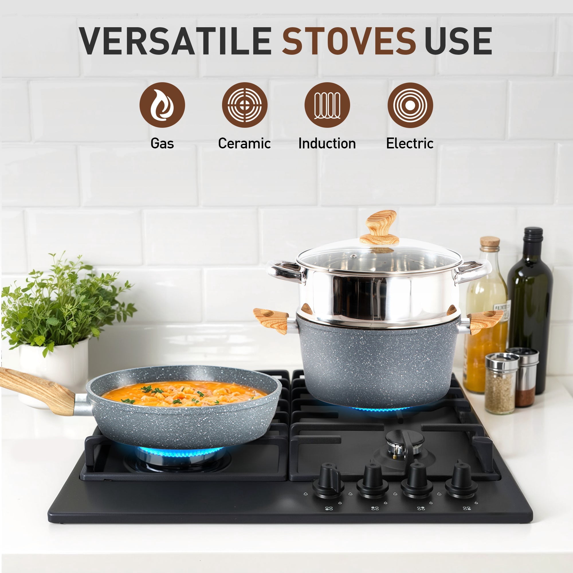 MF Studio 17 Pieces Cookware & Bakeware Set Granite Nonstick Pots and Pans Set, Blue Gray