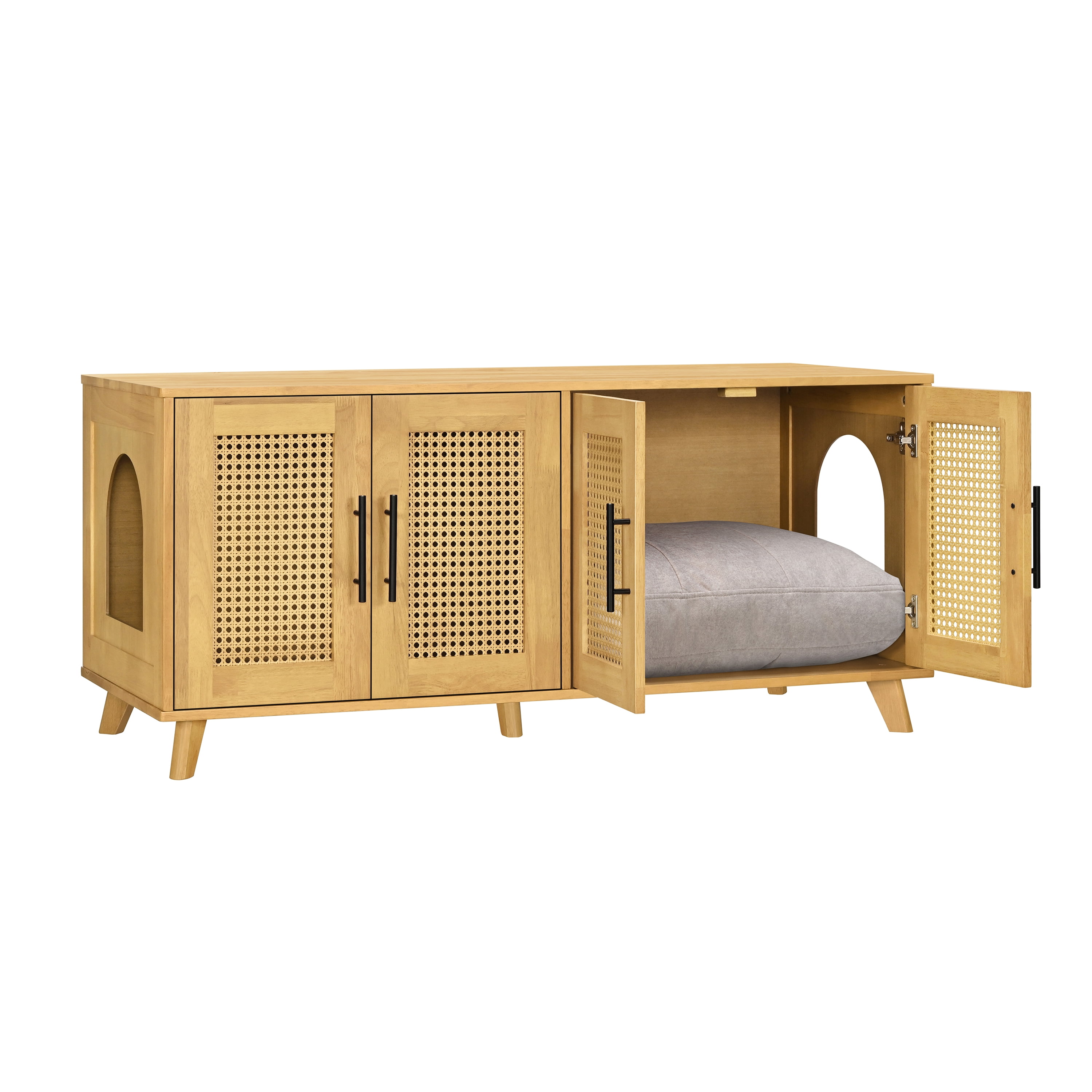 Indoor Rubber Wood Cat Cabinet with Plush Cushion, Hidden Pet Furniture for Modern Living Spaces
