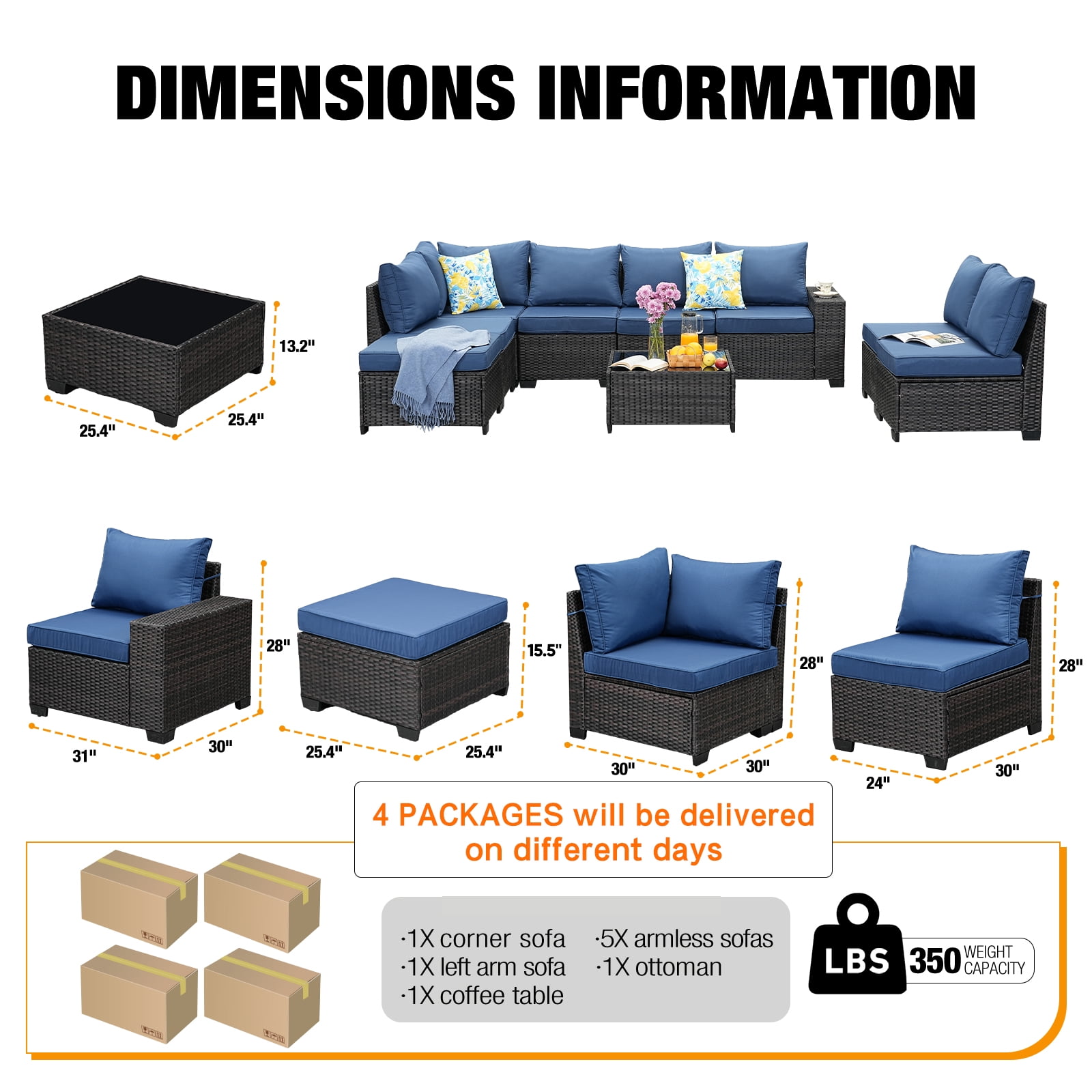 JOYURE 9 Pieces Patio Furniture set All-Weather Outdoor Wicker Sectional Conversation Sofa Rattan patio seating sofa with cushion and Glass Table and Ottoman for Porch Poolside,Navy