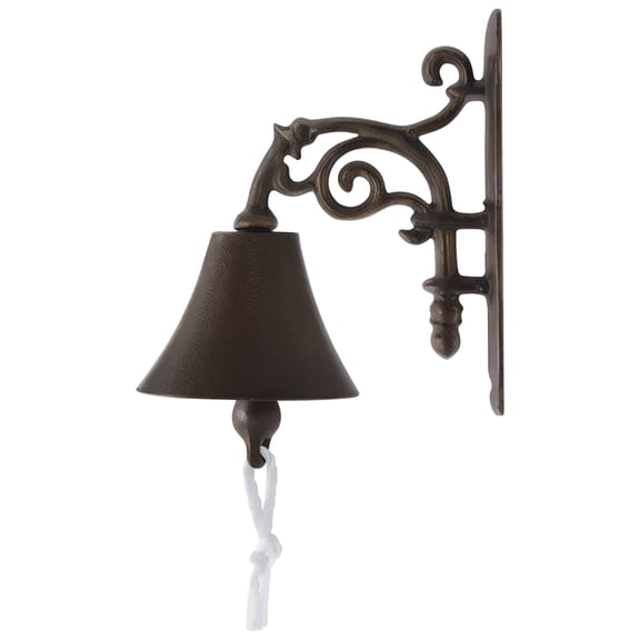 Vintage Cast Iron Wall Mounted Bell - Dinner Bell with Pull Rope for Outside | Rustic Antique Bronze Serving Bell for Farmhouse Garden, Front Door, Porch, Patio & Home Decor