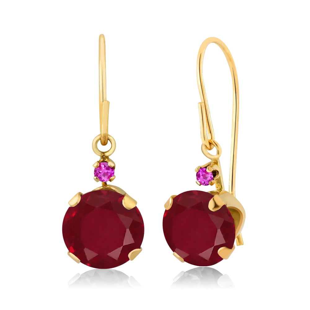 2.14 Ct Round Red Ruby Pink Sapphire 14K Yellow Gold Earrings by