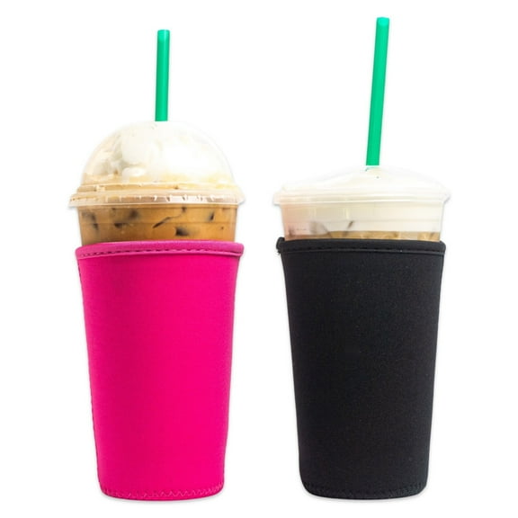 Baxendale and Co 2-Pack Medium (22-24oz) Reusable Neoprene Insulator Sleeve for Iced Coffee or Cold Beverage Cups (Black & Pink Mix)