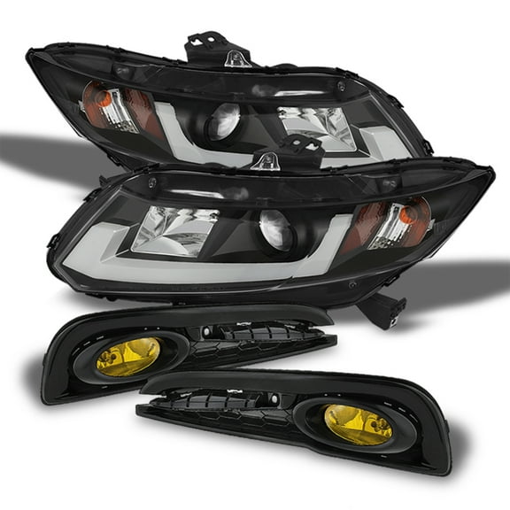 AKKON - For Honda Civic 4 Doors Sedan Black Bezel DRL Light Tube Projector Headlights Fog Light W/ Switch