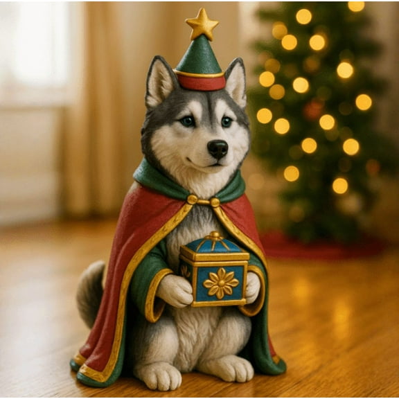 Religious Christmas-themed dog figurine, Resin Cute Dog Home Decoration Figurine For Living Room Desk Bedroom Shelf Healing Home Ornament Gift for Family and Friends Siberian Husky