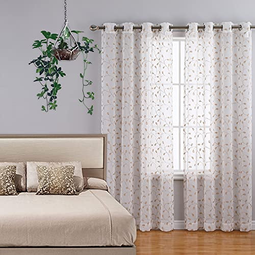 HA-EMORE Embroidered Sheer Curtains 52 Inch Wide Bedroom Window Curtain  Olive Shaped Leaves Sheers Semi Transparent Living Room Sheer Voile  Curtains