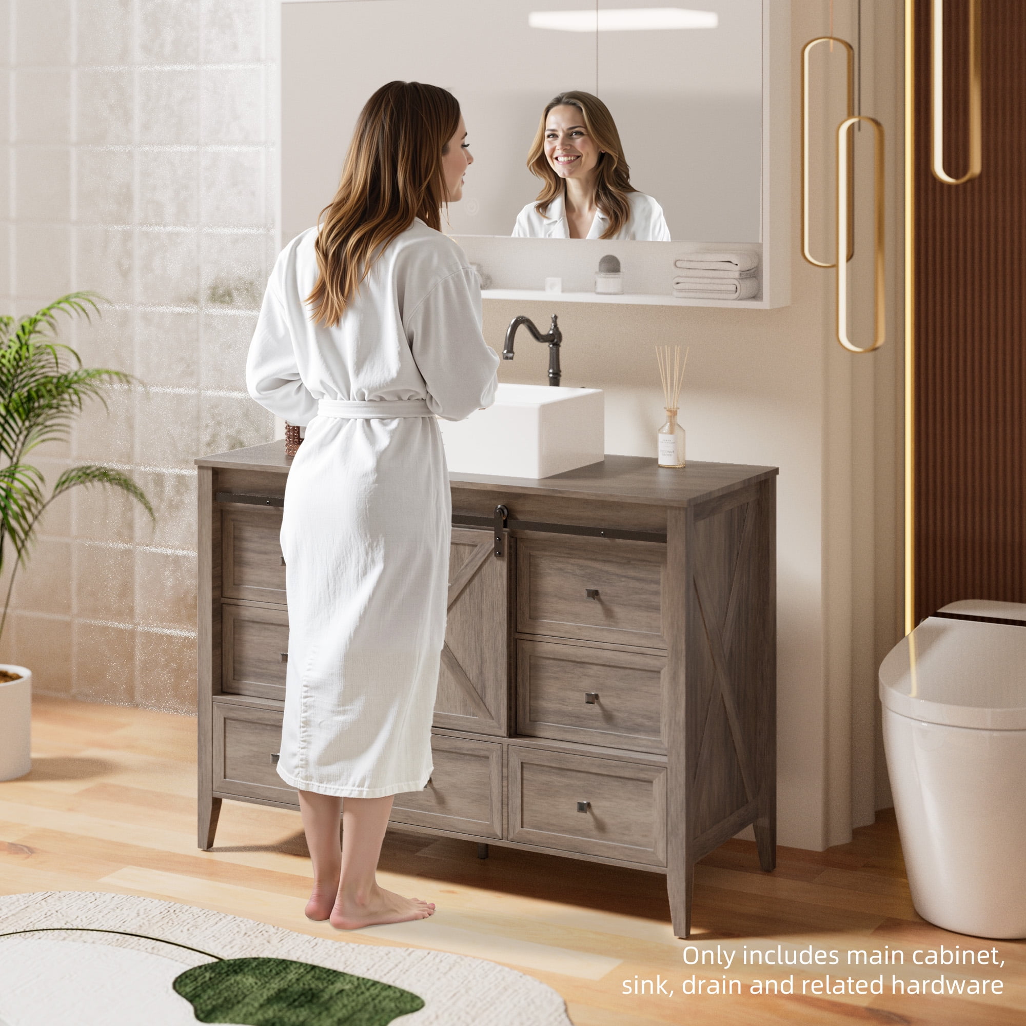 VNN Bathroom Vanity with Sink - 48 Inch Bathroom Vanity with Sink Ceramic, Freestanding Cabinet with Farmhouse Sliding Barn Door and 7 Drawers, Space-Saving Storage Cabinet, Grey Wood Grain Texture